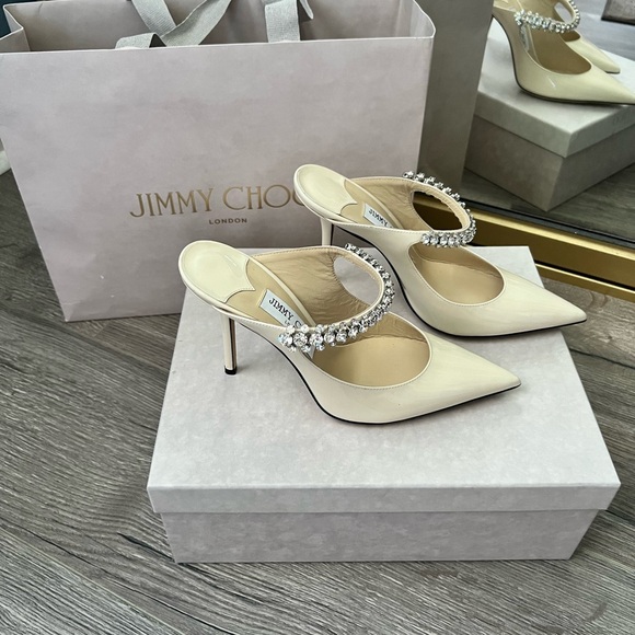 Jimmy Choo Bing 100 Ivory Patent Leather Mules with Crystal Strap - Picture 13 of 15